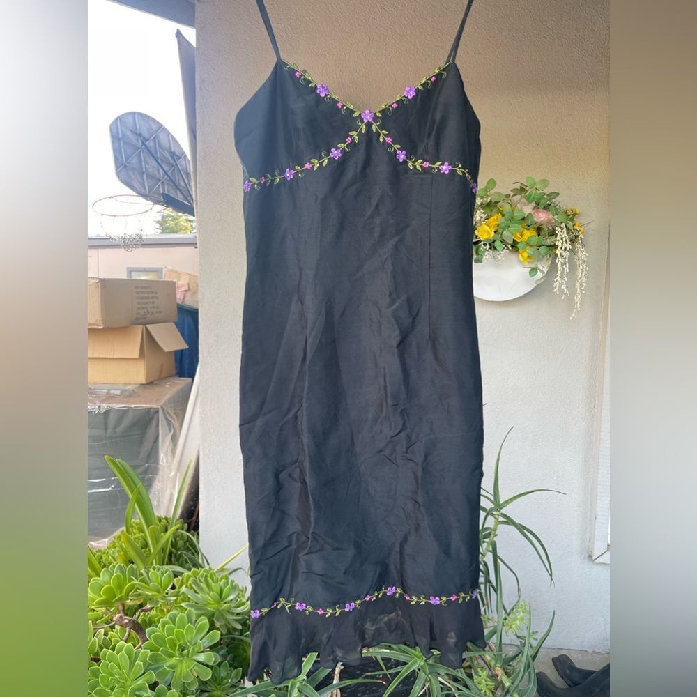 Vintage Ann Taylor 100% Silk Black Floral Embroidered Slip Dress Y2K